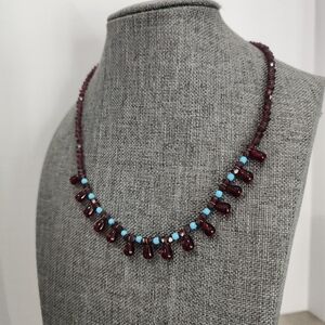 Vintage Gerard Yosca 16" Beaded Necklace Red Glass Teardrops & Turquoise Accent